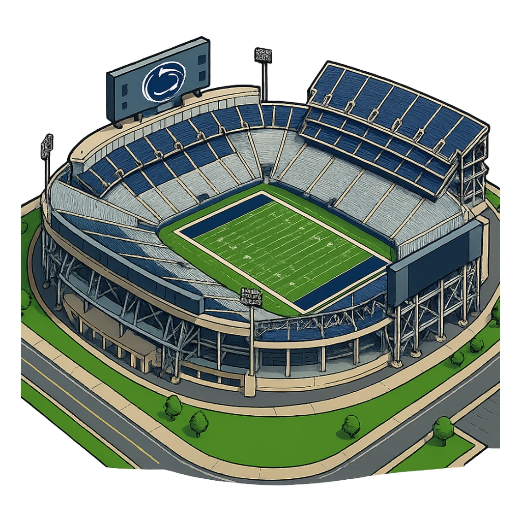 Изометричная, яркая, детализированная и фотореалистичная иллюстрация стадиона Beaver Stadium в стиле 3D-коллажей городов, насыщенные цвета, аккуратные линии, мультяшно-реалистичная стилистика. Чёткие контуры, прозрачный фон, высокое качество. sticker