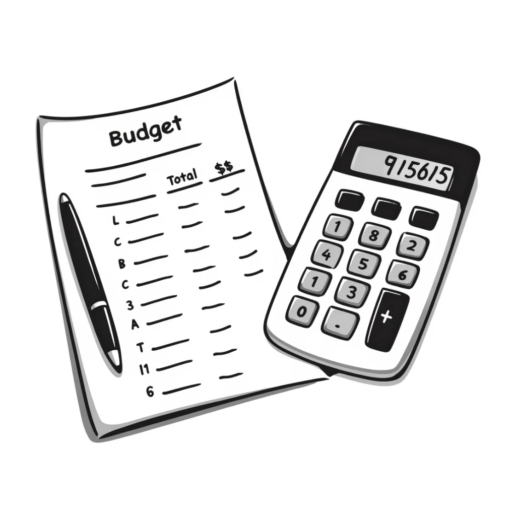 Budget sheet with expenses column and calculator sticker