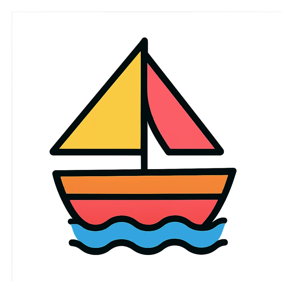 geometric ship icon, basic shapes, clear lines, stylized sails, modern icon style sticker