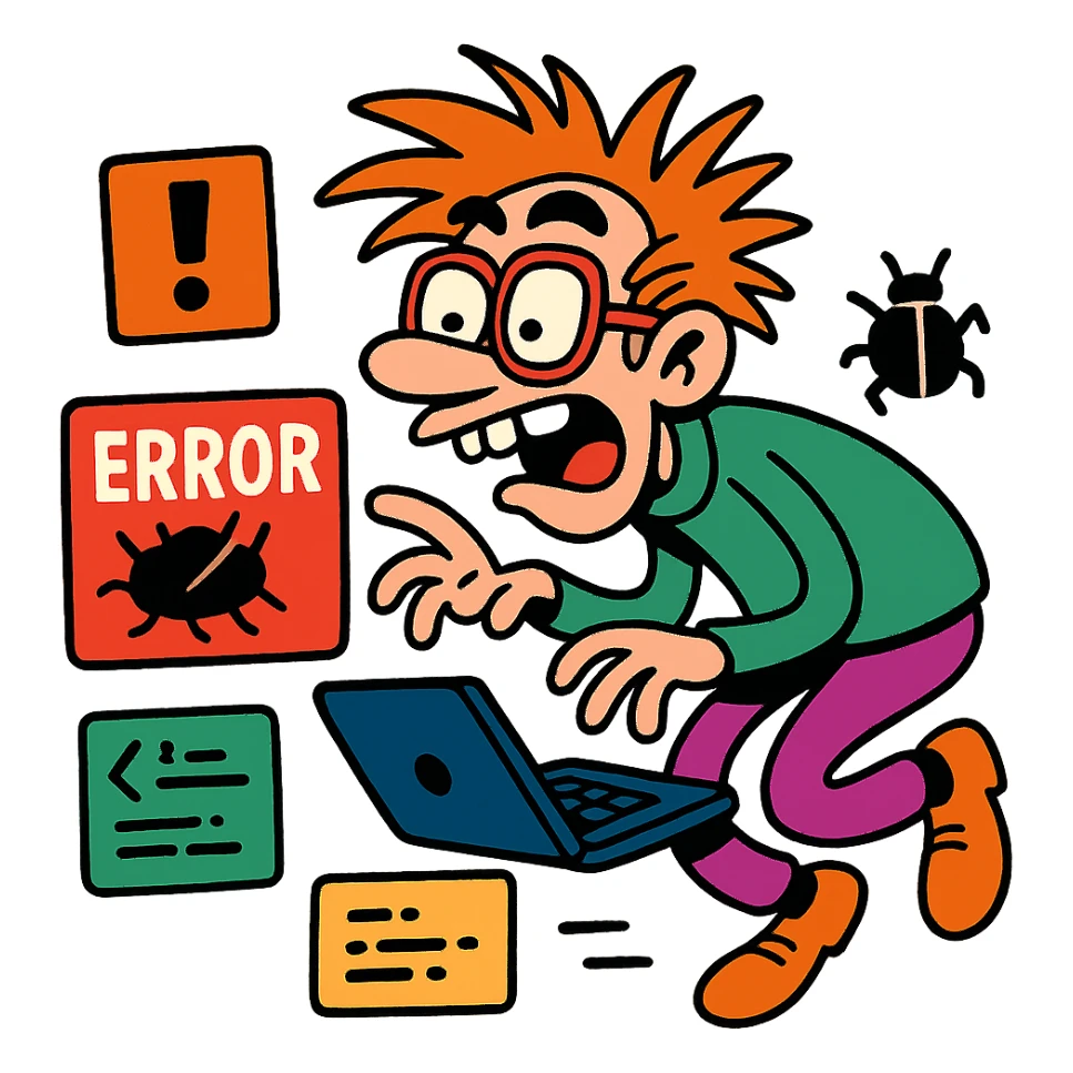 wacky programmer with buggy code flying around sticker