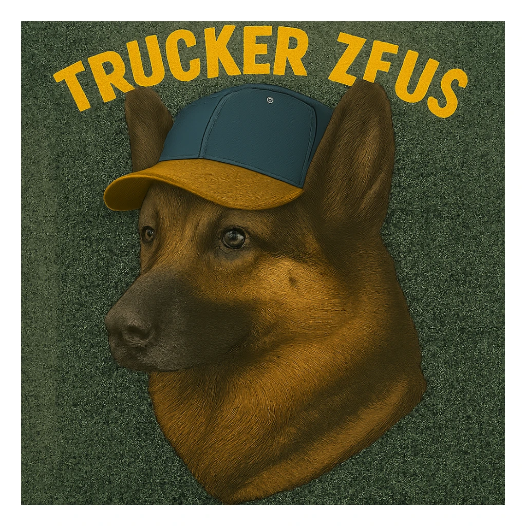 Reduce the image file size as much as technically possible, even if it lowers image quality, while keeping the background fully transparent, the realistic German Shepherd, and yellow 'Trucker Zeus' text. sticker
