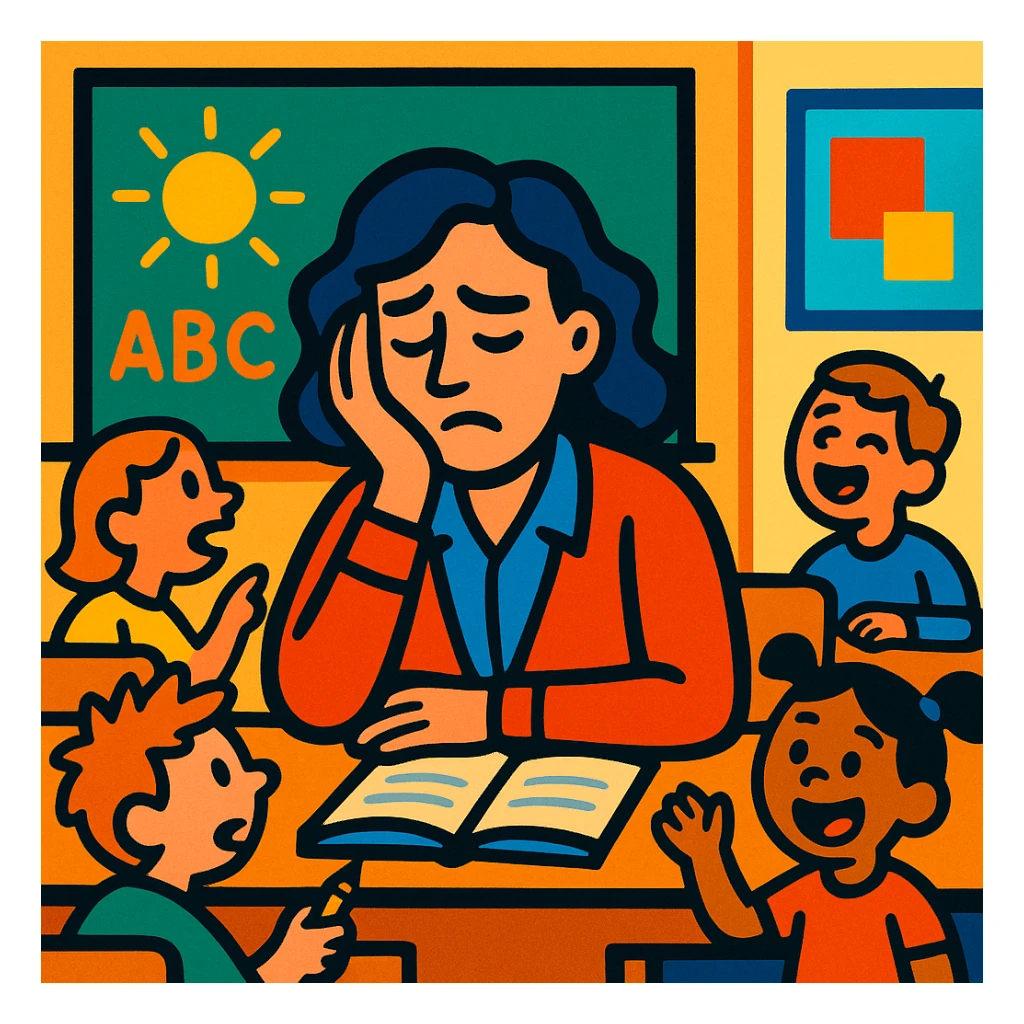 exhausted teacher in a bustling classroom sticker