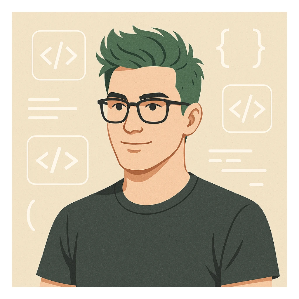 male software developer with green hair, wearing glasses, surrounded by code symbols sticker