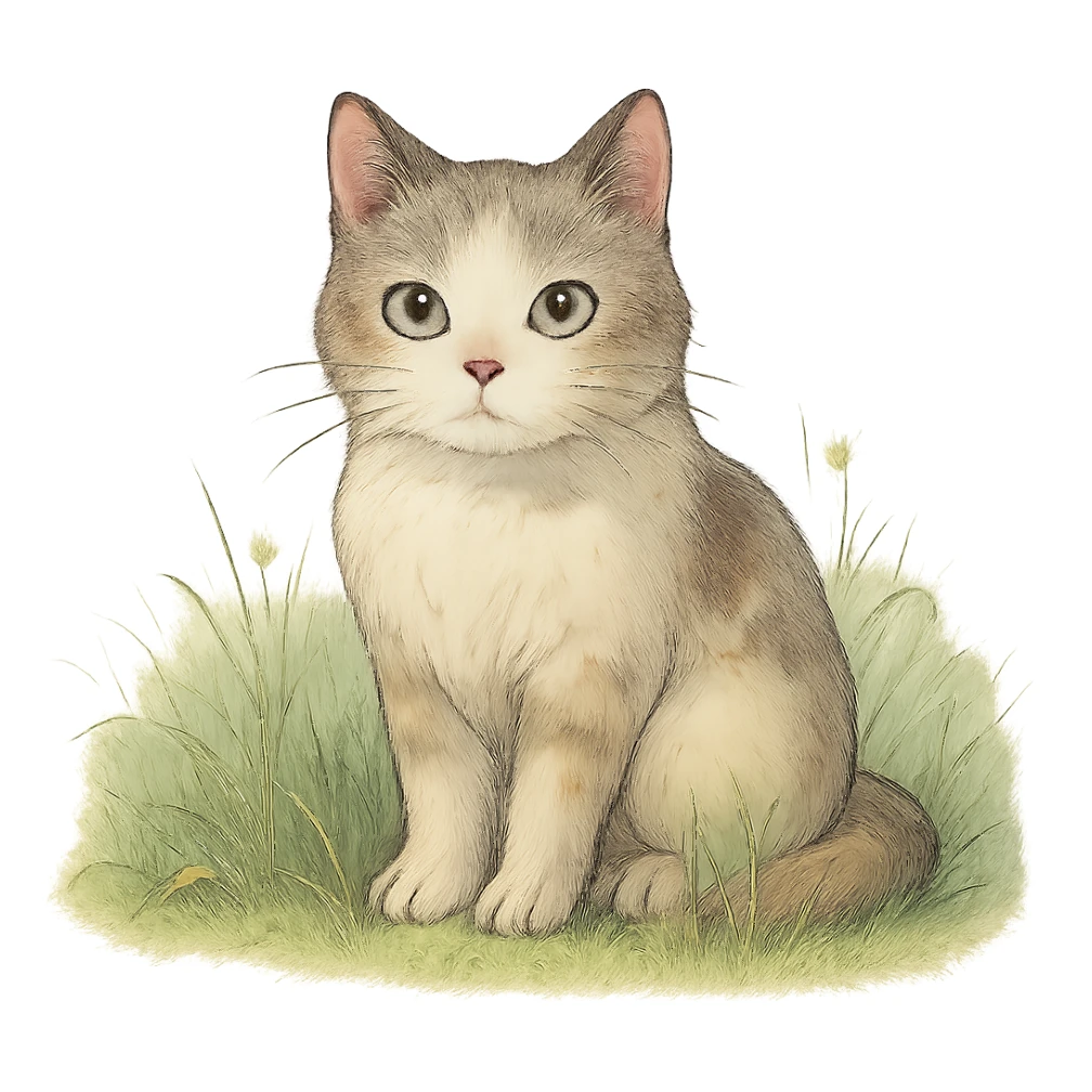 cat sitting in grass, ghibli style sticker