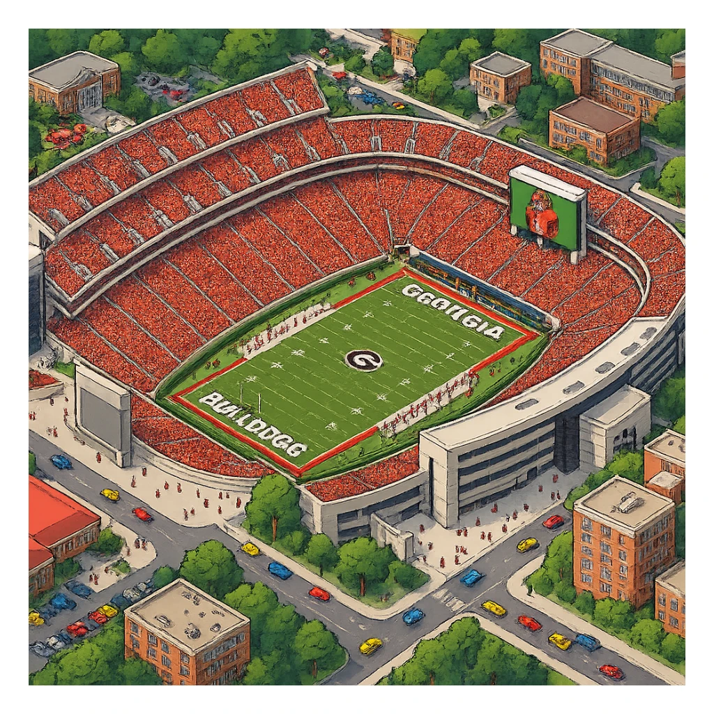 Изометричная, яркая, детализированная и фотореалистичная иллюстрация стадиона Sanford Stadium в стиле 3D-коллажей городов, насыщенные цвета, аккуратные и чёткие линии, мультяшно-реалистичная стилистика. Чёткие контуры, не размазанные линии, высокое качество, прозрачный фон, не обрезать края стадиона. sticker