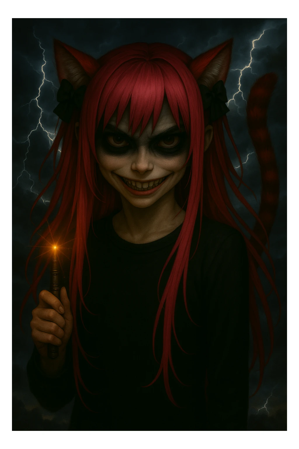 Edit the image to add a dark, stormy background with lightning and dramatic clouds. Keep the scary expression, emo style, pink hair, magical accessory, and sparkles. Render in a realistic anime style with detailed lighting and atmosphere. sticker