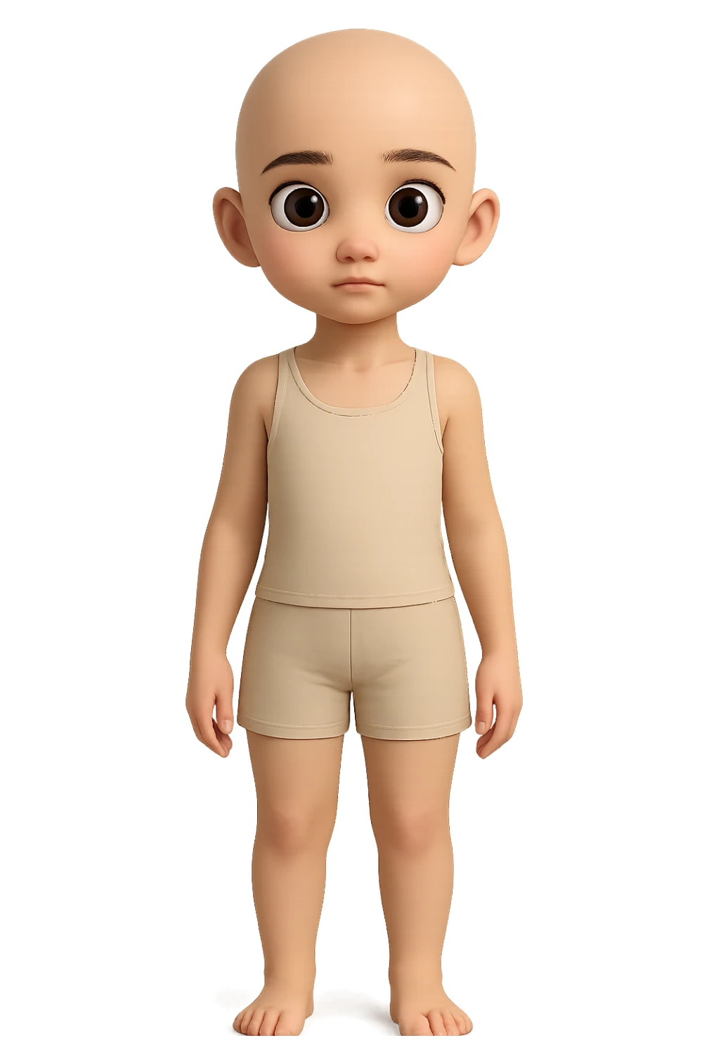 Remove all hair from the character, making them completely bald. Keep everything else the same including shorts, tank top, pose, and style. Maintain transparent background. sticker