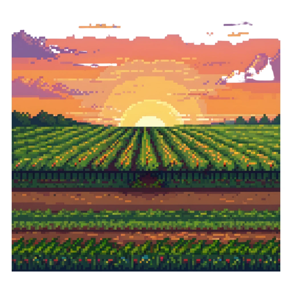 sunset over a beautiful field, pixel art style sticker