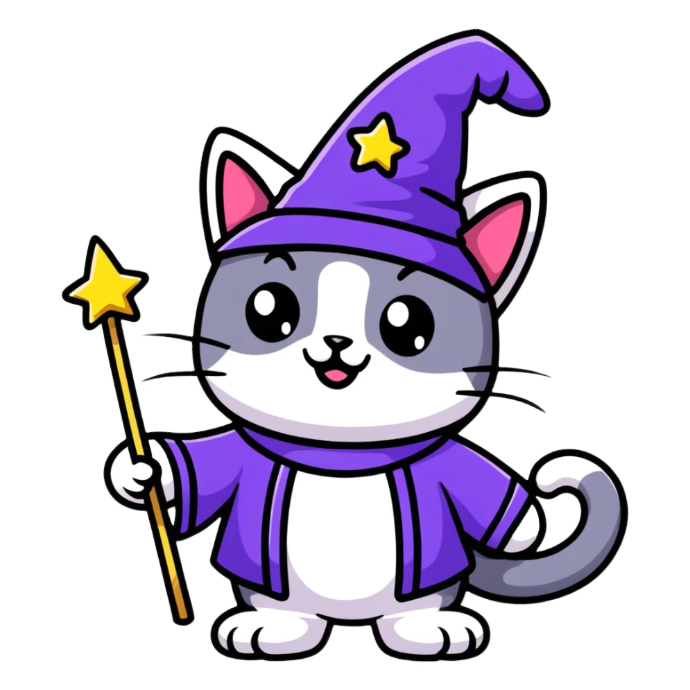 wizard cat with big eyes and magic sparkles sticker