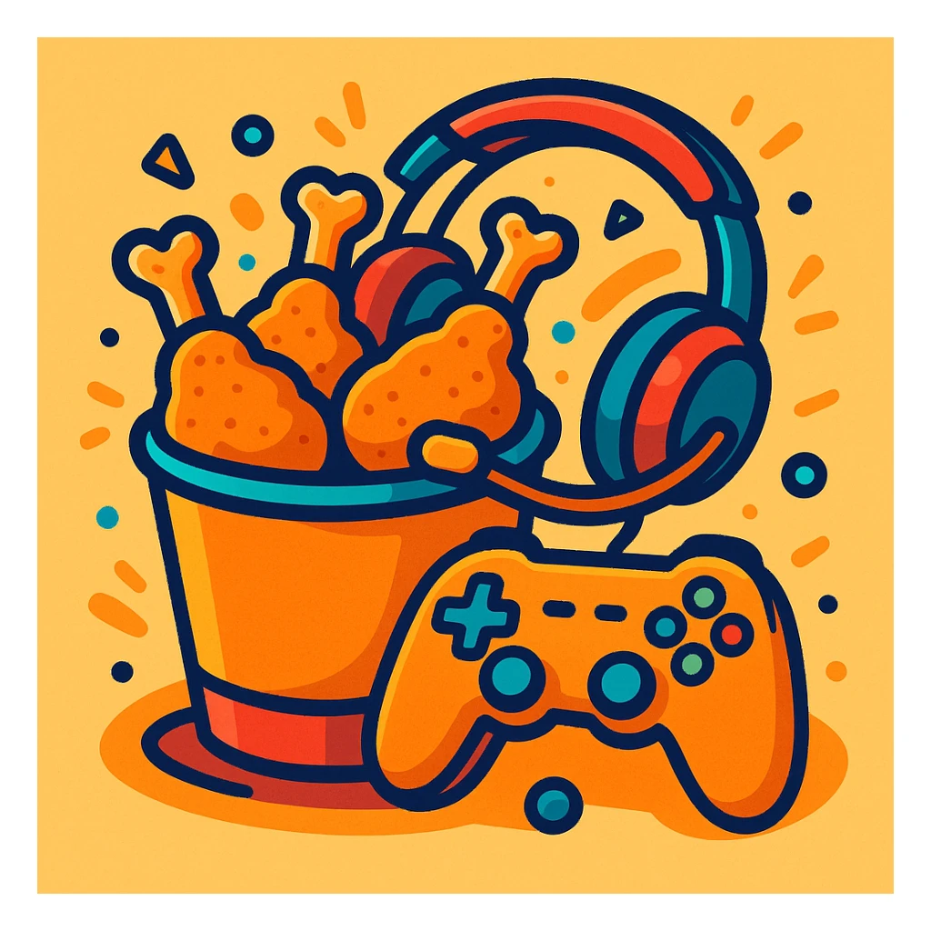 fried chicken with gaming elements such as controller and headset, fun and modern style sticker
