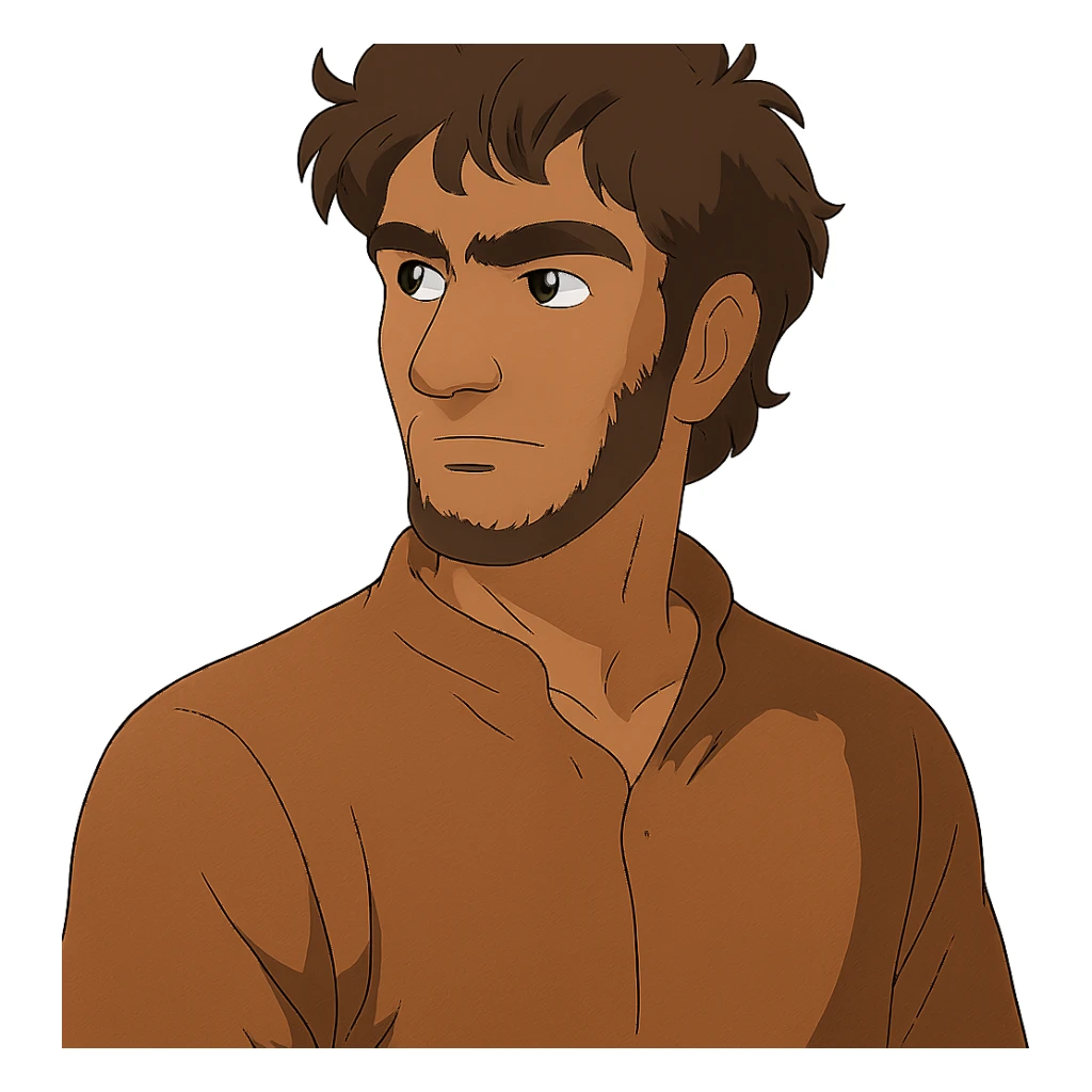 A Tajik man with medium to tall height, well-defined features, slightly curved nose, dark-brown eyes, thick eyebrows meeting above the nose, slightly wavy hair, and rich brown skin sticker