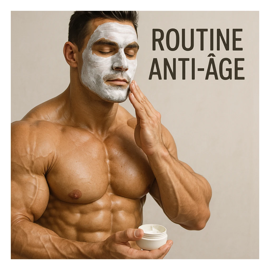 bodybuilder applying face mask to prevent skin aging, hyper realistic style, defined muscles, relaxed atmosphere, text 'Routine Anti-Age', light background sticker