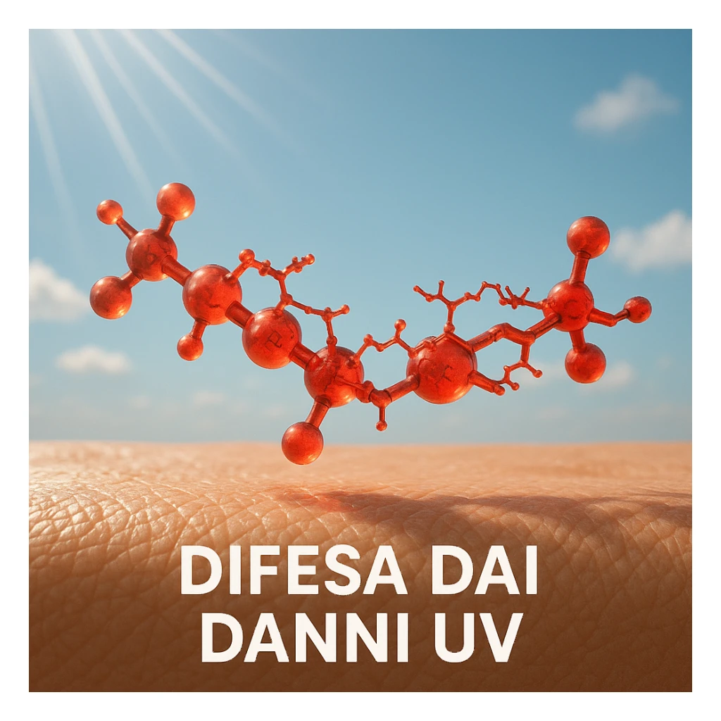 hyper realistic red astaxanthin molecule protecting skin from sun damage, red molecule above skin with UV rays, positive atmosphere, realistic details, text 'Difesa dai danni UV' sticker