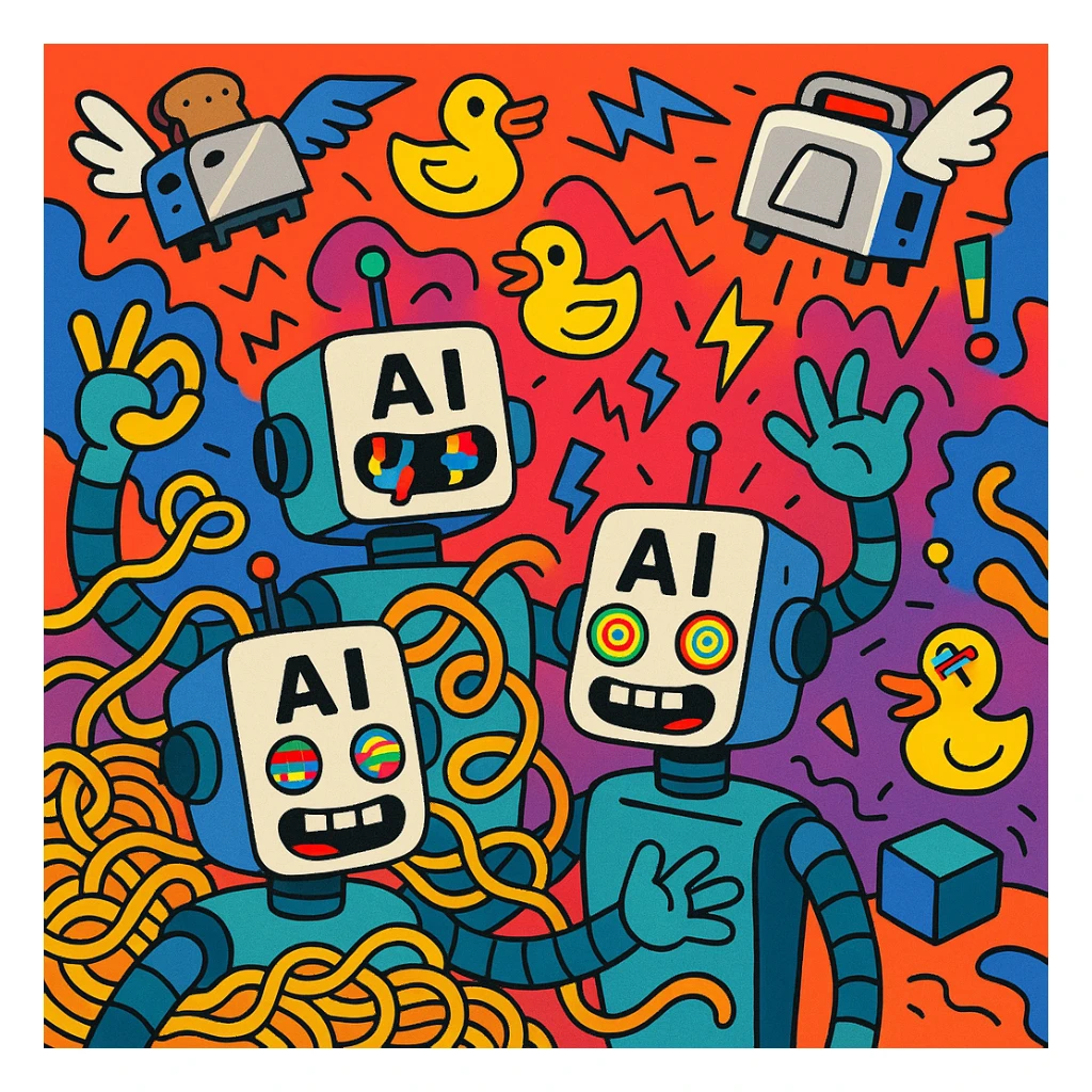surreal chaotic scene with AI robots surrounded by absurd objects like rubber ducks, spaghetti, flying toasters, wild glitchy expressions, vibrant cartoon style, humorous AI insanity sticker