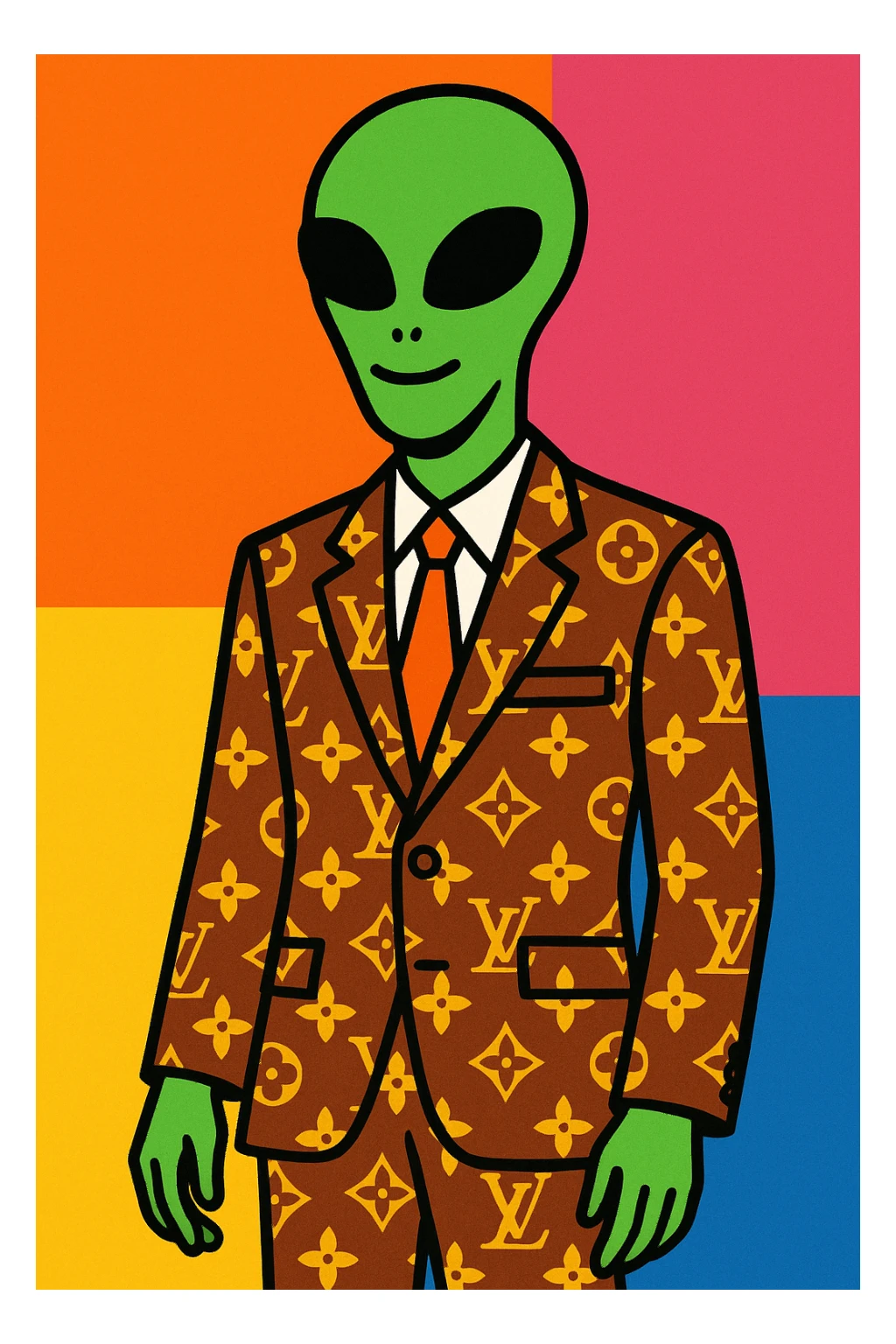 Green tall alien wearing Louis Vutton suit sticker