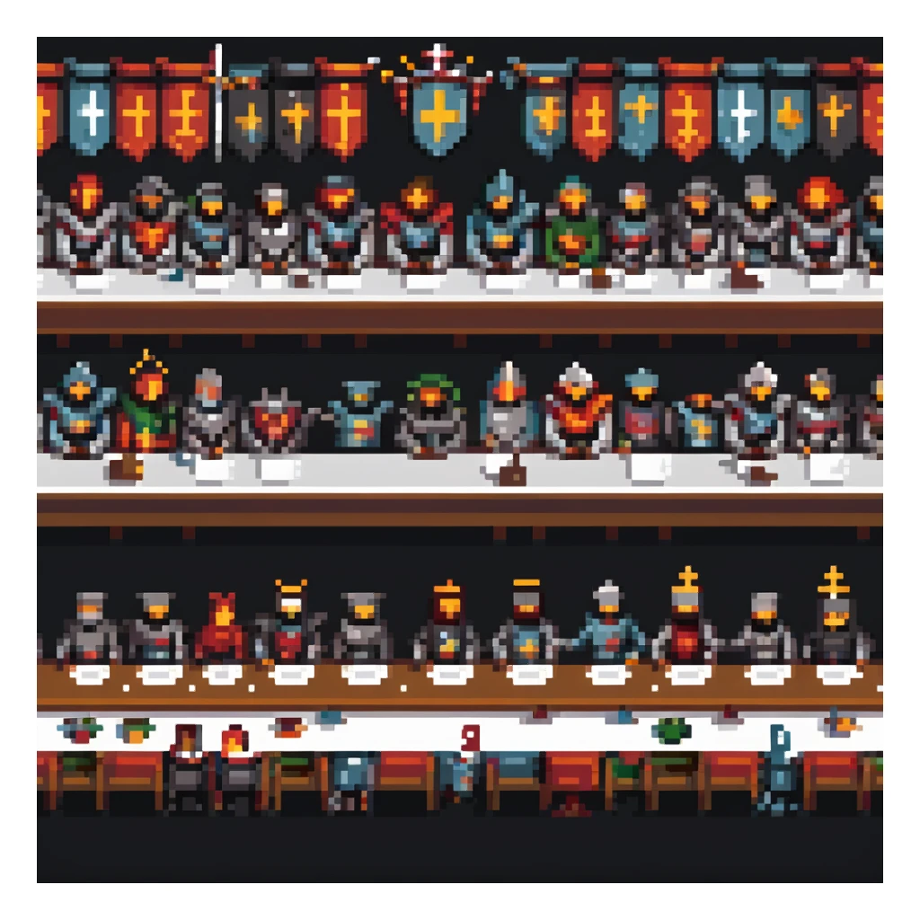 pixel art scene inspired by the Last Supper, straight-on perspective, long table with knights, robots, and people posed like Jesus and the apostles, detailed, vibrant, medieval and futuristic elements combined sticker