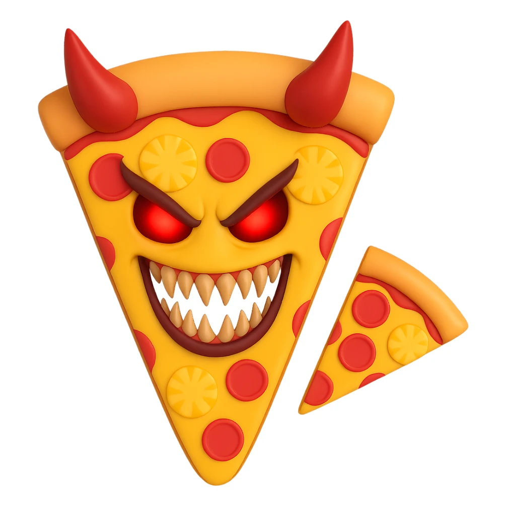 Make the pizza slice with pineapple and devil horns look more evil: sharper horns, glowing red eyes, menacing grin, and a darker, more sinister vibe, with no background. Maintain the style and details of the original images. sticker
