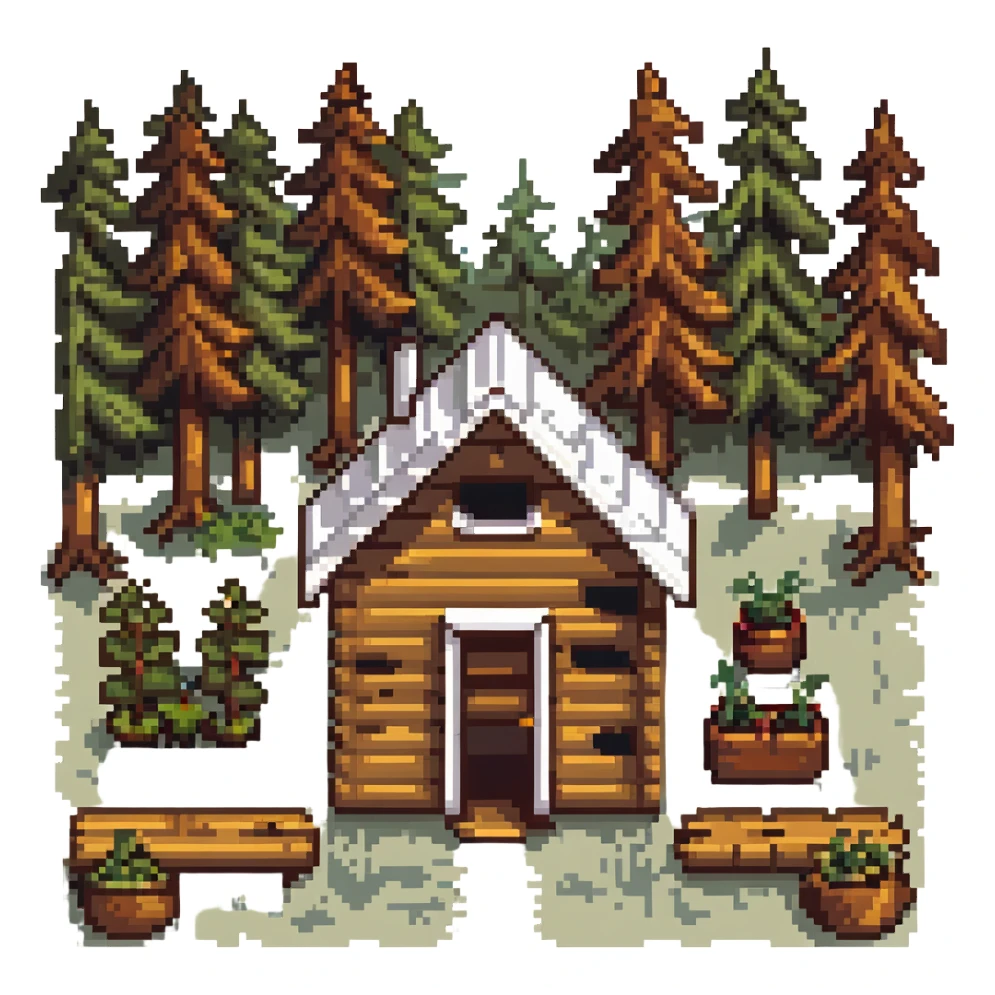 wooden cabin in forest clearing with small garden sticker
