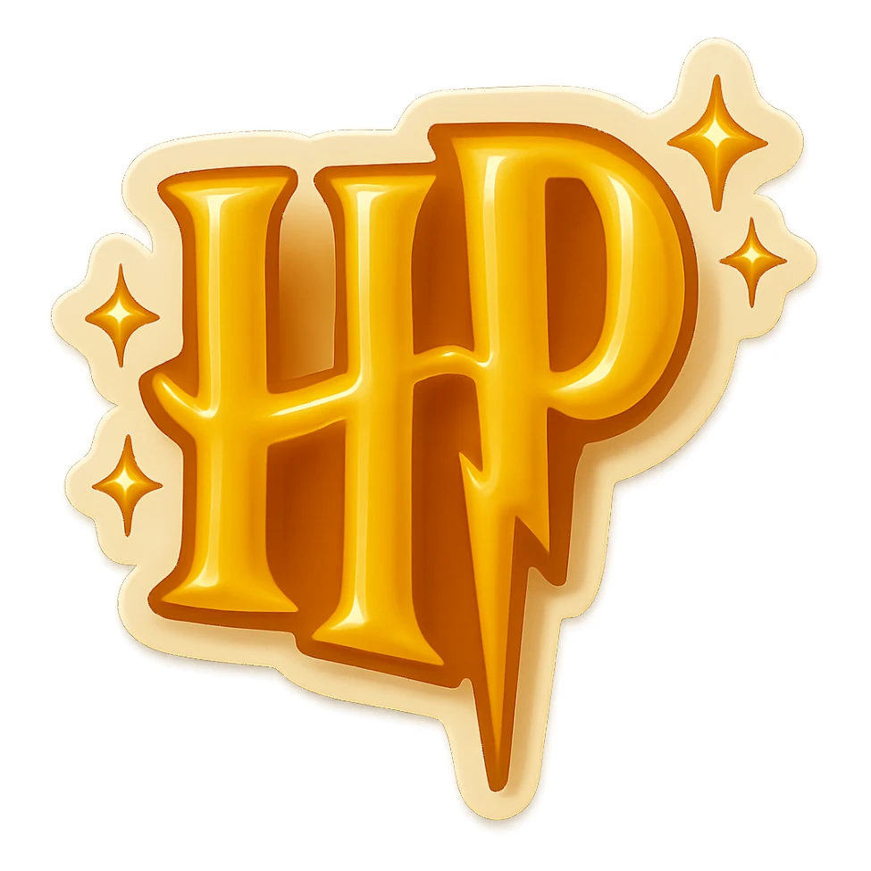 Create a logo based on the provided reference image in yellow color. Add magical elements like stars to create a magical atmosphere inspired by Harry Potter. Include expressive shadows and highlights, without any outline, in a retro sticker style. sticker