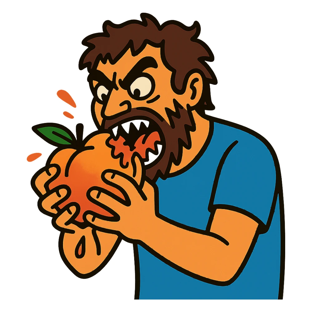 a man ferally eating a peach sticker