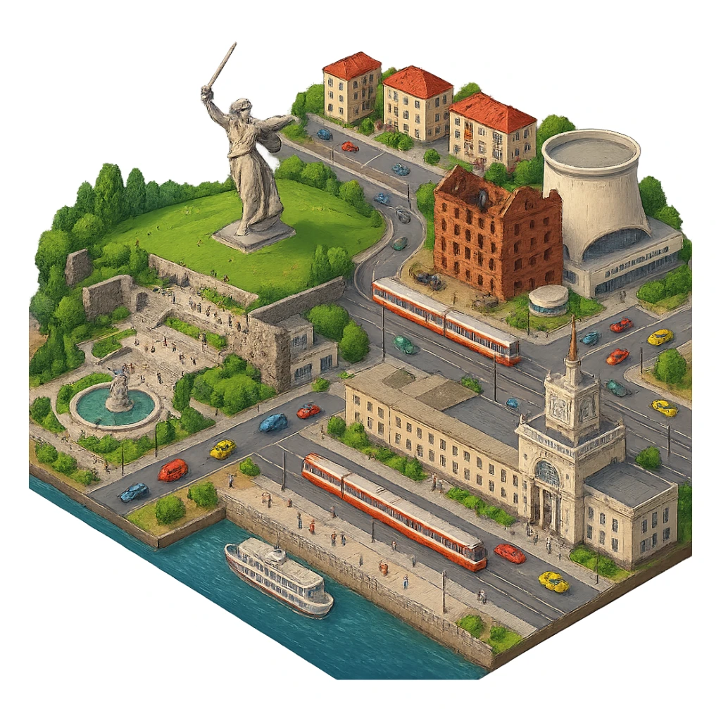 Изометричная чёткая миниатюрная фотореалистичная 3D модель панорамы Волгограда — Мамаев Курган со статуей Родина Мать,  Здание вокзала Волгоград I, Волгоградский скоростной трамвай, Музей-заповедник «Сталинградская битва, Набережная Волги,  люди, несколько типичных волгоградских домов, автотранспорт. Вид сверху в изометрии, яркие цвета, мультяшная рисованная реалистичность, прозрачный фон, компактная композиция, не обрезать края зданий. sticker