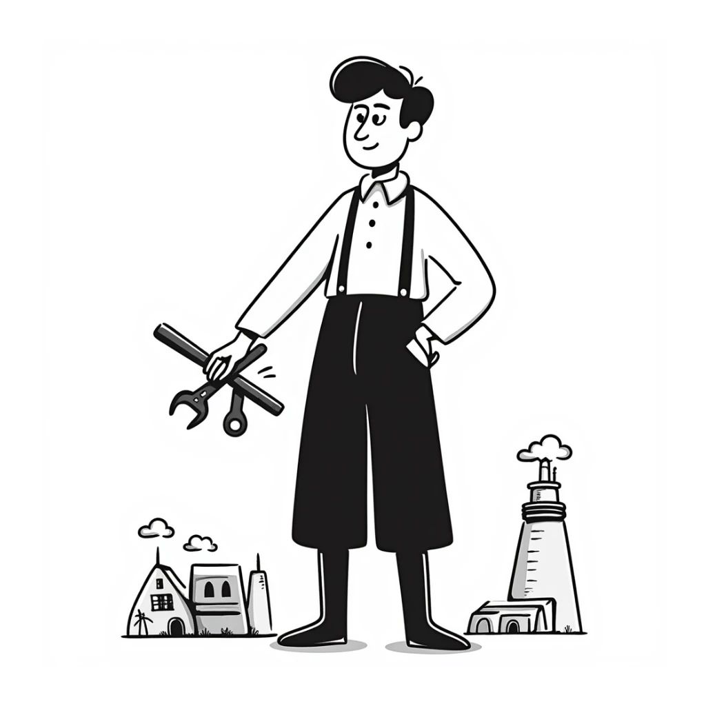 Victorian era English worker with tools, suspenders, boots, and rugged appearance from industrial revolution sticker