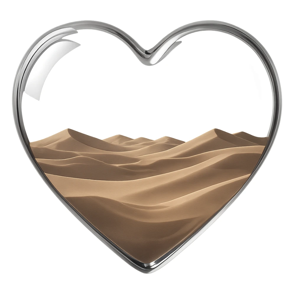 Remove the sun from inside the glass heart, keep only the empty desert sand dunes, realistic glass look, 3D emoji style, with no background sticker