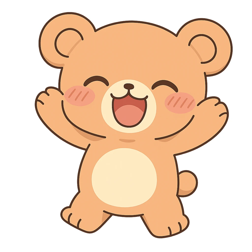 Transform the anime style happy bear into chibi style with exaggeratedly cute proportions, keeping no background. Maintain the anime aesthetic while emphasizing cuteness and chibi proportions. sticker