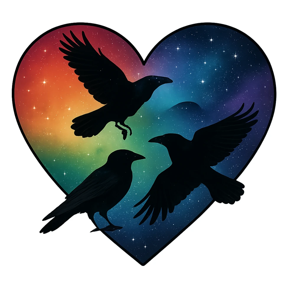  heart with rainbow night sky and dark ravens, remove background sticker
