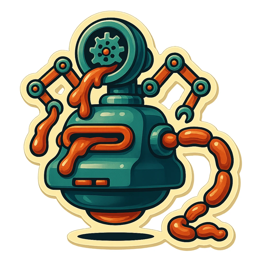 sausage-processing droid. retro-futuristic style. top is a large circular industrial grinder rotating gears and blades. Two robotic arms feed material into grinder. Sausage links extrude from the rear like  factory. The body is metallic, compact, and floats above the ground.no legs. Dark humor sticker