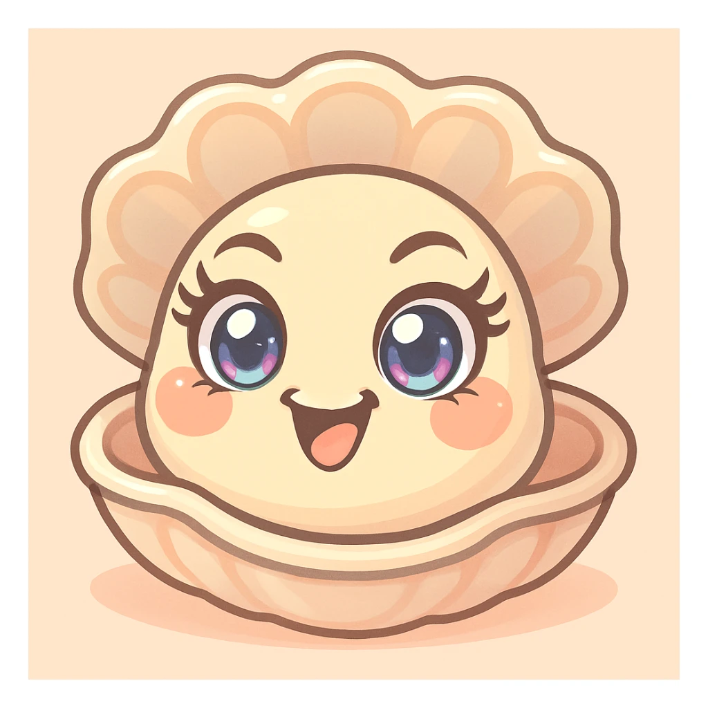Create a version with even more expressive and luminous eyes, pretty eyelashes, and enhanced pastel, pearly, cream, peach, and greige shades, while keeping the large shell, small oyster, pastel toon style, background, and mischievous expression as in the reference image. sticker