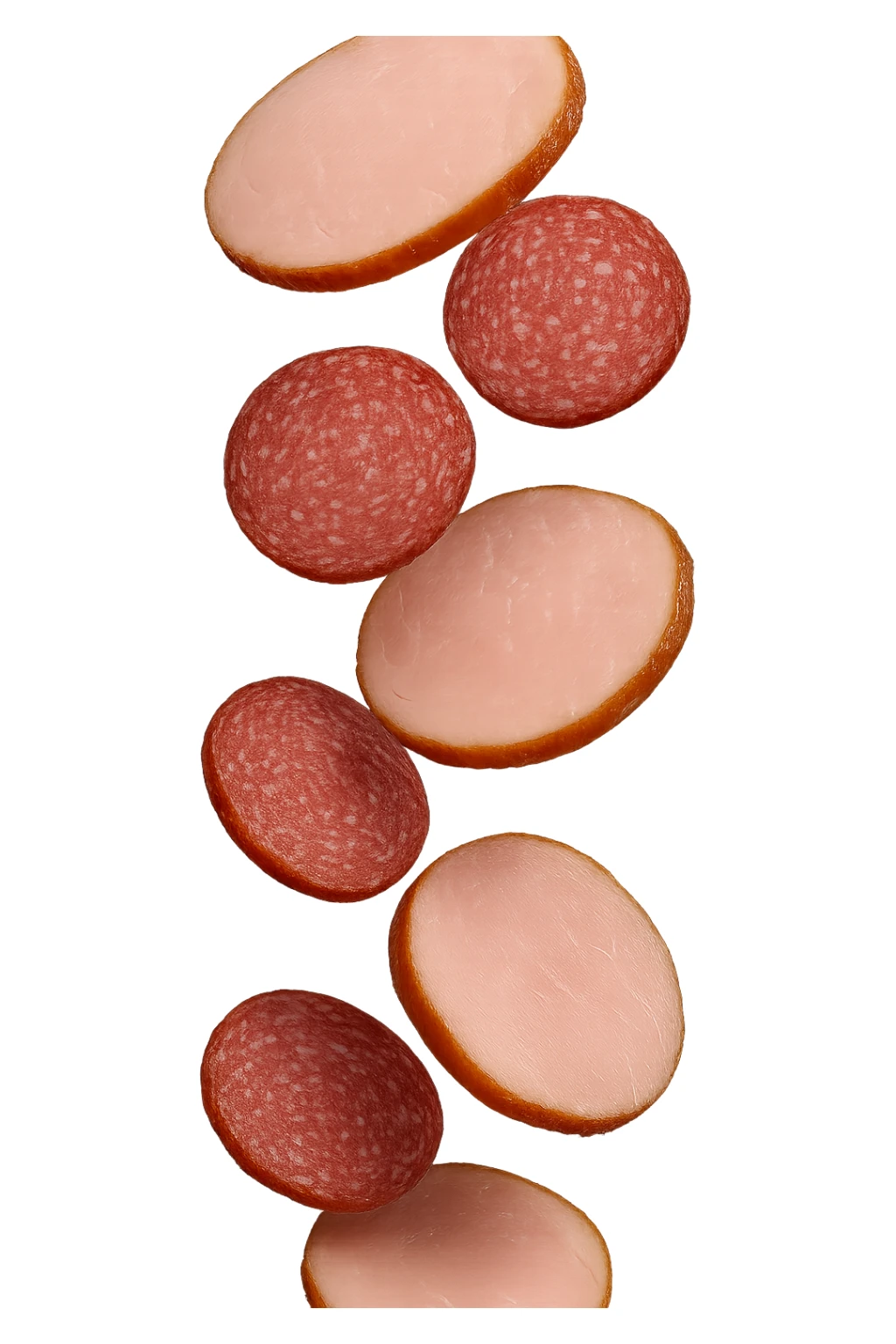 fettine di prosciutto cotto e di salame fluttuano in aria verticalmente, IPERREALISTICA 4K sticker