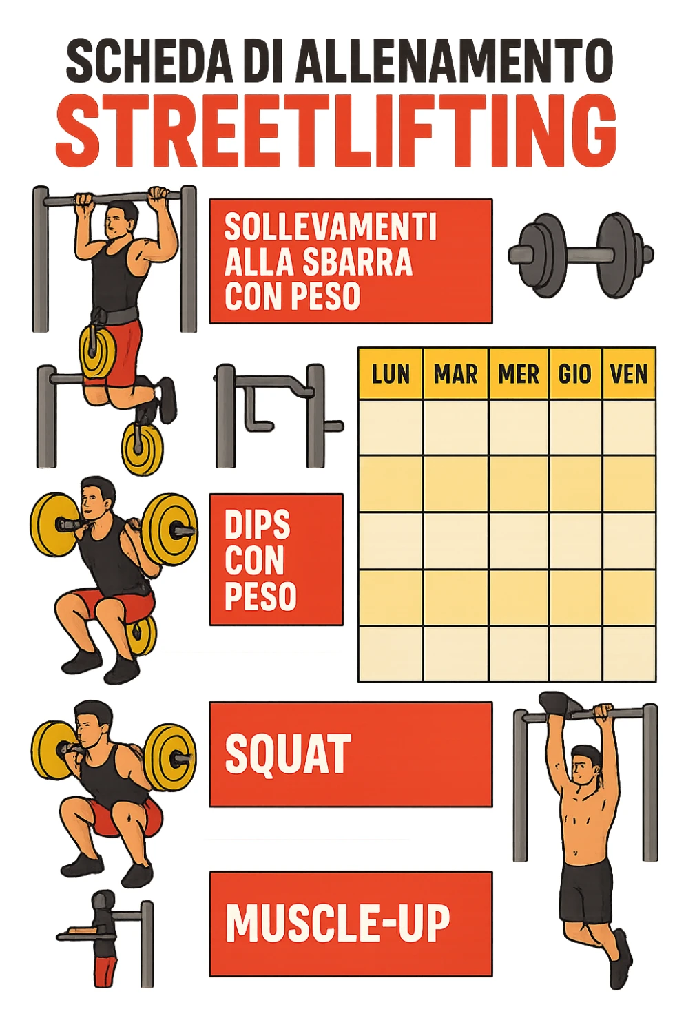 a streetlifting training sheet with icons for each exercise—weighted pull-ups, weighted dips, squats, muscle-ups—organized in a weekly schedule. Around the sheet, small illustrations show athletes performing each movement with proper form. The color palette is bold and energetic, and the background is clean and minimal. in italiano sticker