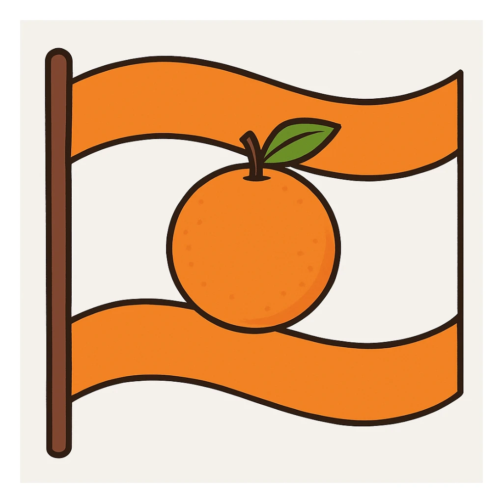 Reduce the size of the mandarin, remove any human elements, make the background white, and keep the flag style with orange stripes at the top and bottom. Maintain the overall composition and style as in the original image. sticker