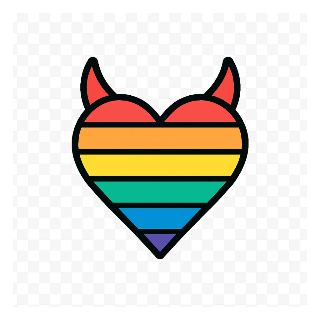 minimalist devil heart icon, geometric heart with sharp horns, rainbow stripes, pride theme sticker