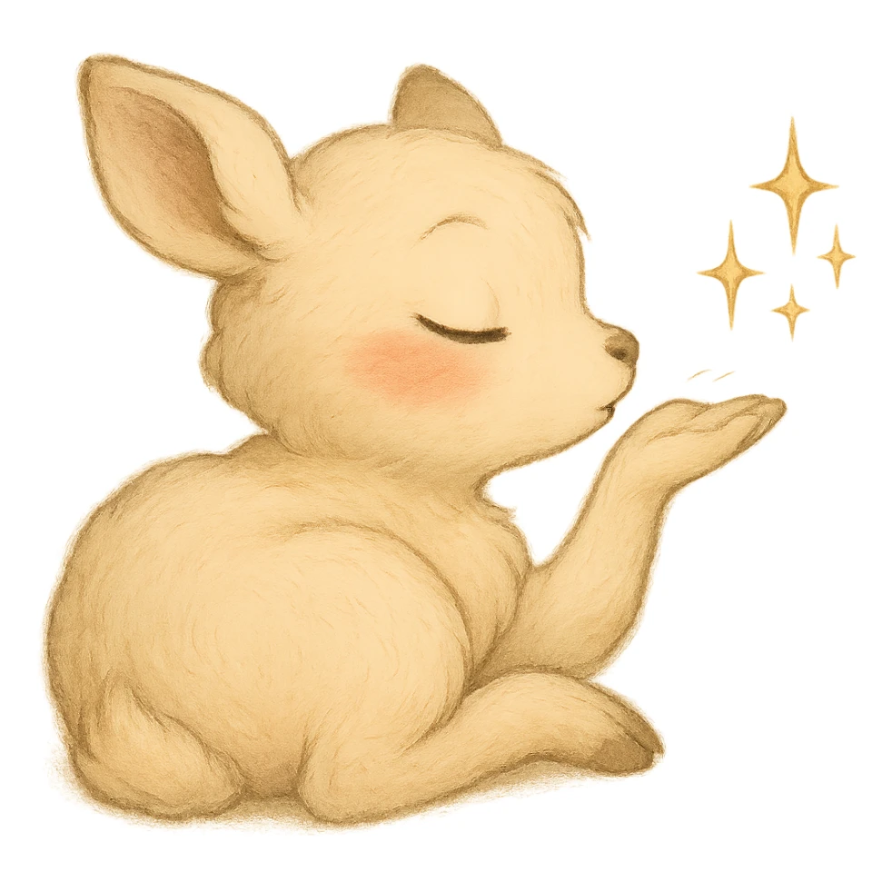 Make the vanilla-colored cloud doe appear curled up, with rosy cheeks, blowing a kiss with sparkles, in a soft Ghibli style, with no background. sticker