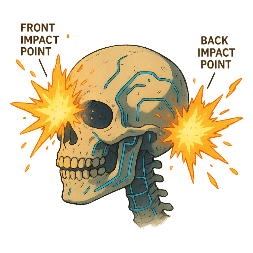 a skull exploding, anatomical diagram, front and back impact points, cyberpunk futuristic sticker