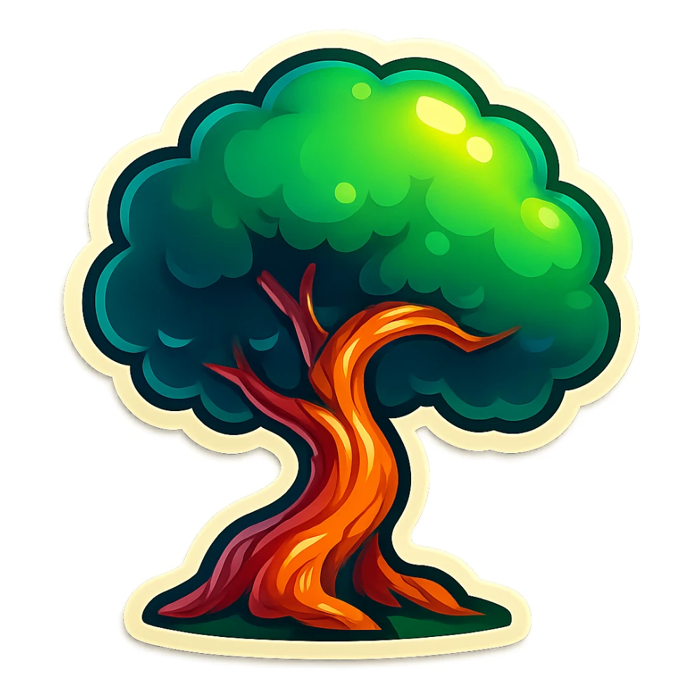 Create a tree as shown in the reference with simple drawing style, clear black outlines, distinct shadows and highlights, no smooth color transitions, in the retro stickers style. sticker