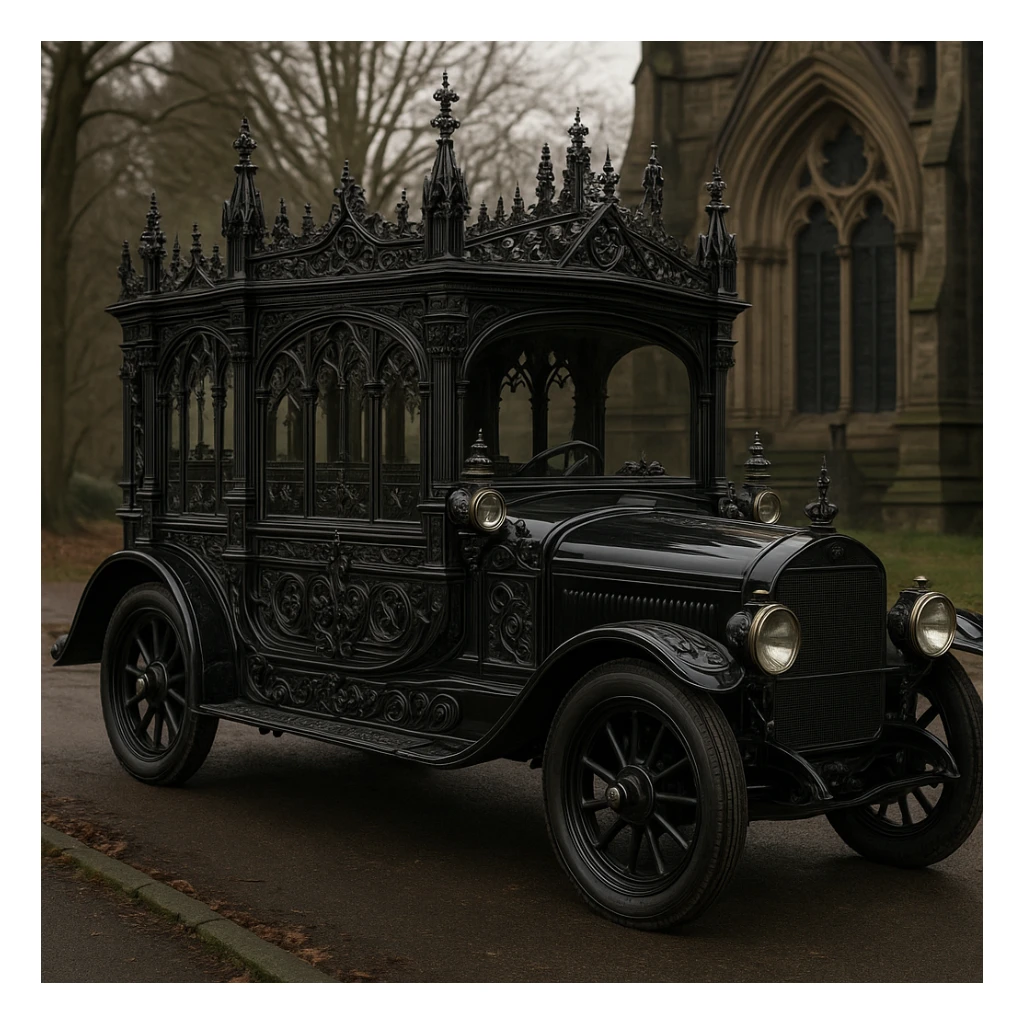 a classic gothic hearse car with ornate details sticker