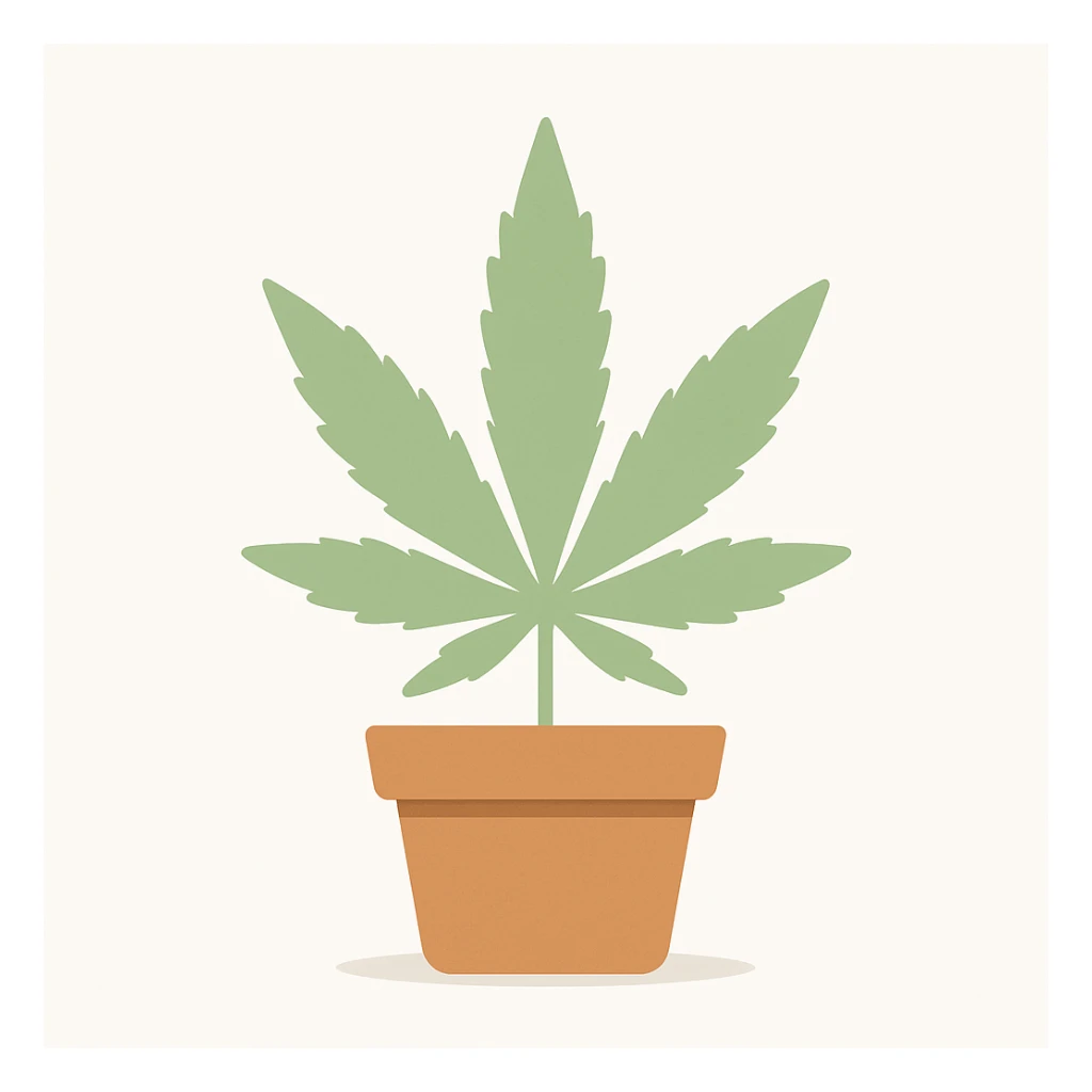 Add a simple flower pot under the cannabis leaf. Keep the flat vector style with smooth outlines and a soft shadow. Use light green tones for the leaf and a brown color for the pot. The illustration should be simple, clean, and on a white background. sticker