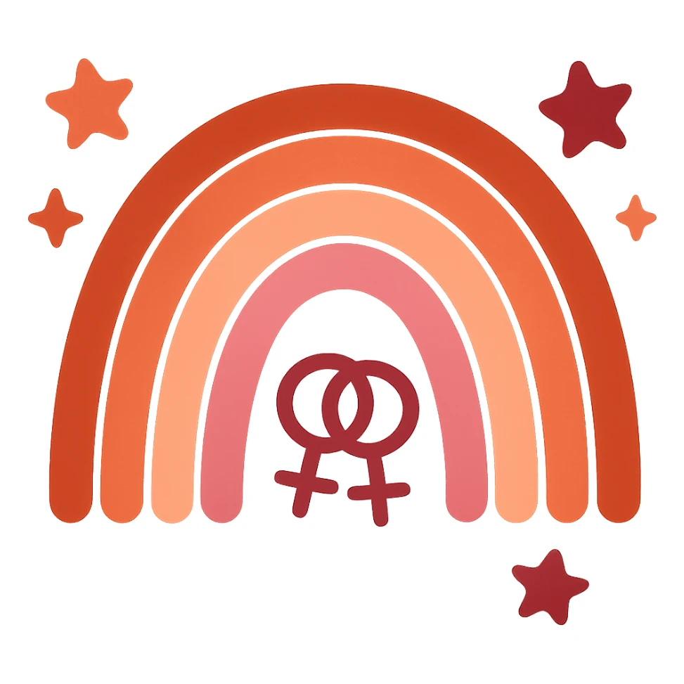 Make the sparkly rainbow more explicitly lesbian by using the lesbian pride flag colors and adding playful double venus or interlocked female symbols. Keep it cute and sparkly, no text, with no background. sticker
