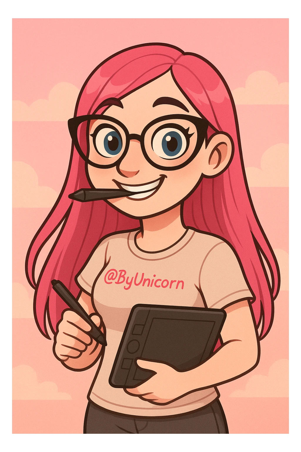 девушка с референса в рисованном милом стиле, у девушки розовые длинные прямые волосы, большие выразительные голубые глаза, черные очки для зрения формы кошачий глаз, нос чуть с горбинкой, девушка улыбается а в зубах прикусывает перо от графического планшета, которое она держит в руке, а в другой руке держит сам планшет 
одета девушка в светло-бежевую облегающую футболку с вышивкой розовым цветом @ByUnicorn, фон градиентный розовый, можно добавить пушистые облака sticker
