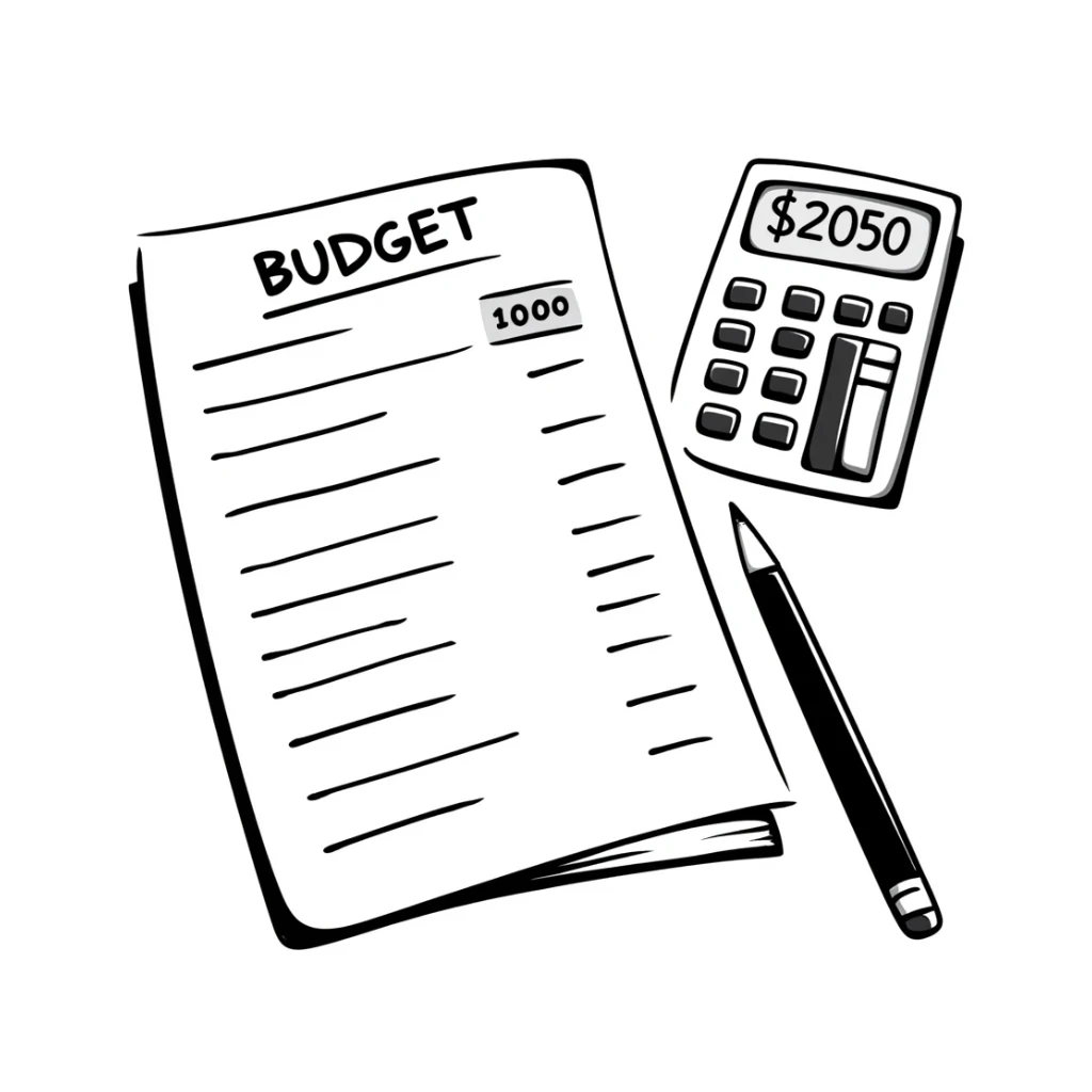 Budget sheet with expenses column and calculator sticker