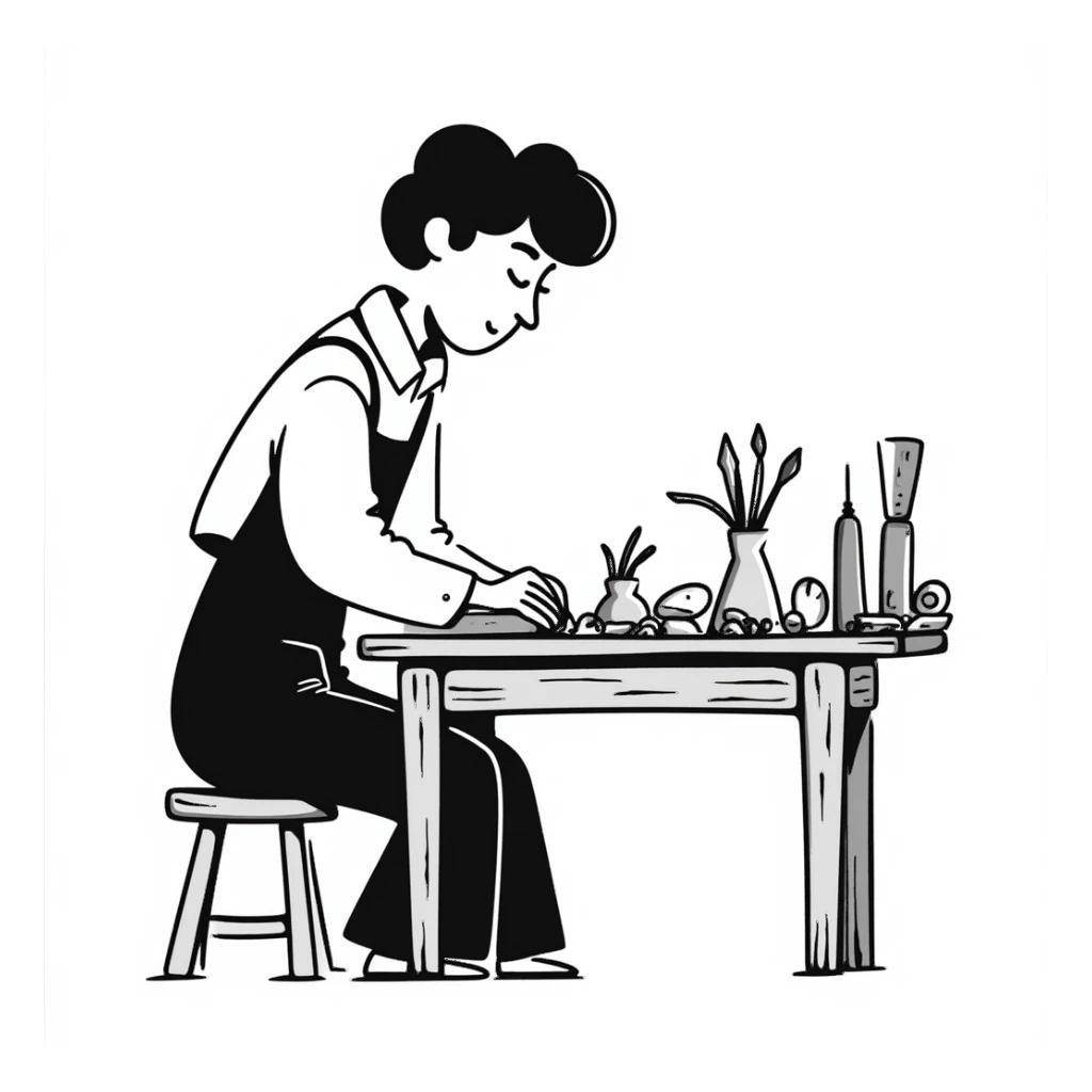 experienced furniture maker at workbench, expressive lines sticker