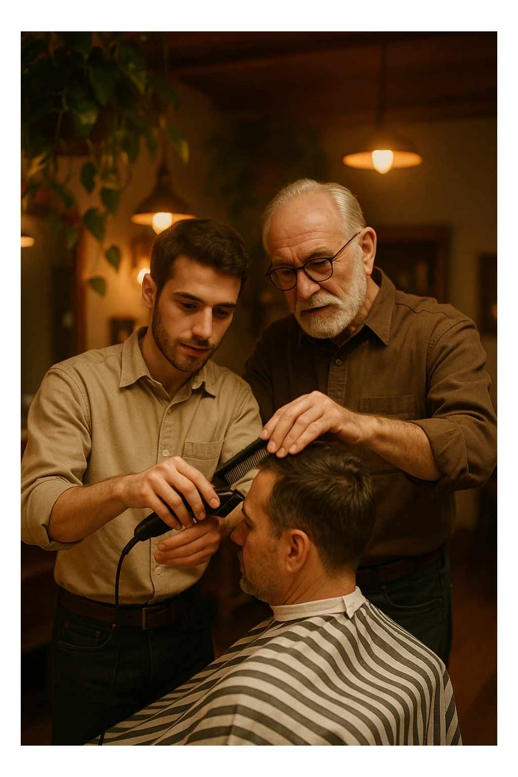 Inside a cozy barbershop with soft lighting, an experienced barber gently teaches his apprentice, guiding his hands as they cut hair together. The room is filled with warmth, plants hanging from the ceiling, and the hum of clippers sticker