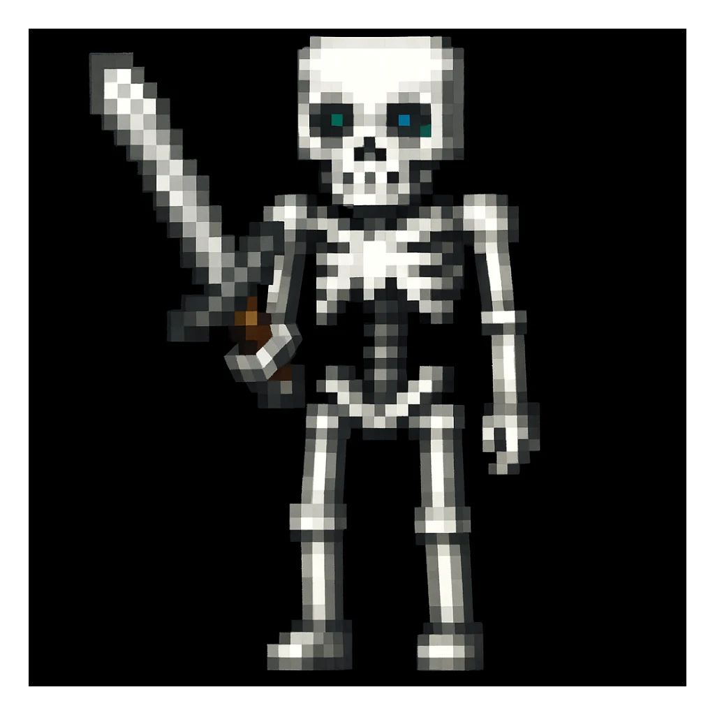 Make the Minecraft skeleton hold a sword in the pixel art style sticker