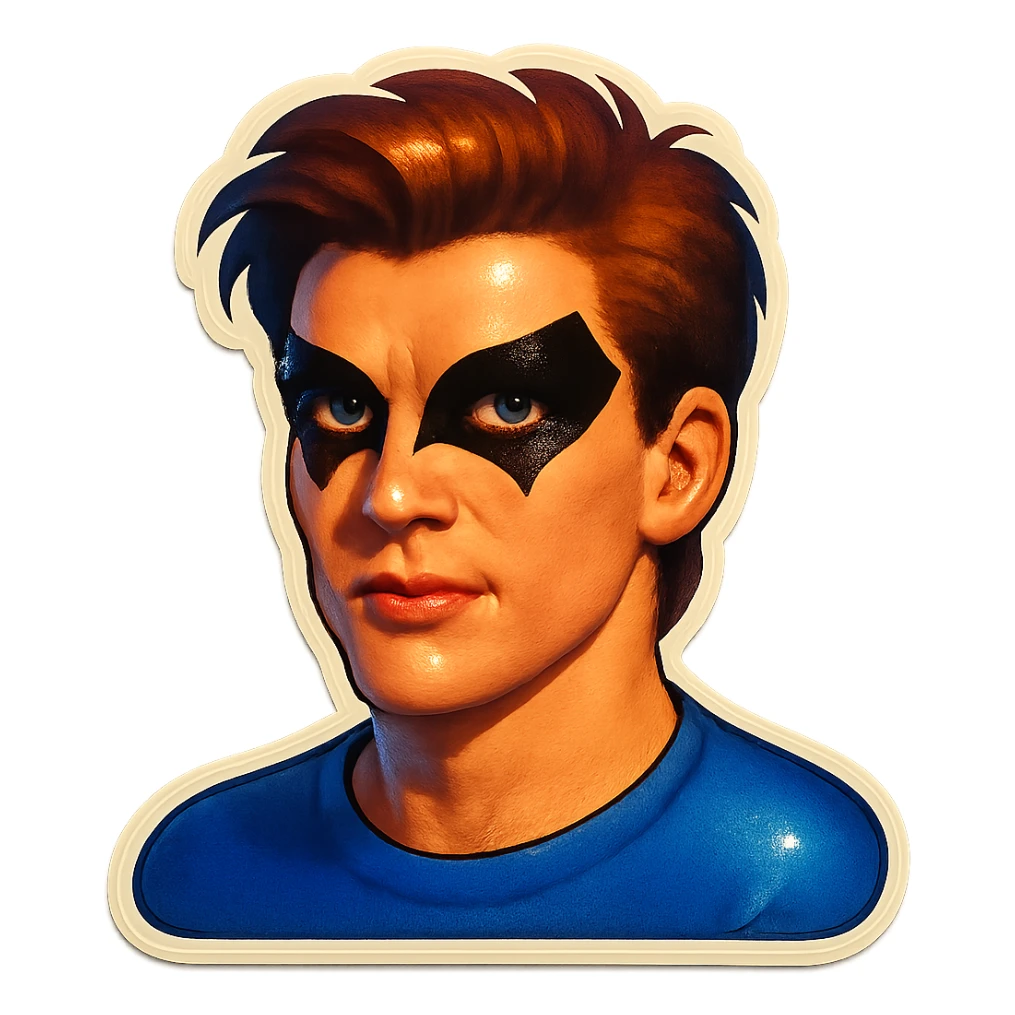 non-female subject with emphasized black, angular eye makeup, retro sticker style, subject inside image borders, high quality sticker