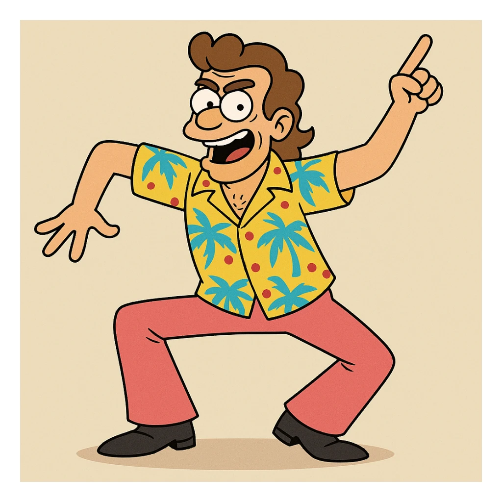 Shimmy Jimmy from Blended, exaggerated dance pose, bright patterned clothes, fun and lively, cartoon style sticker
