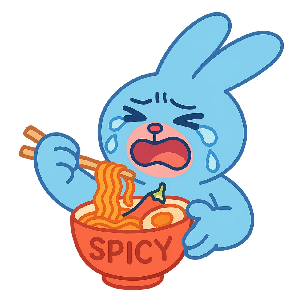 blue bunny crying while eating spicy ramen, pastel-toon style sticker