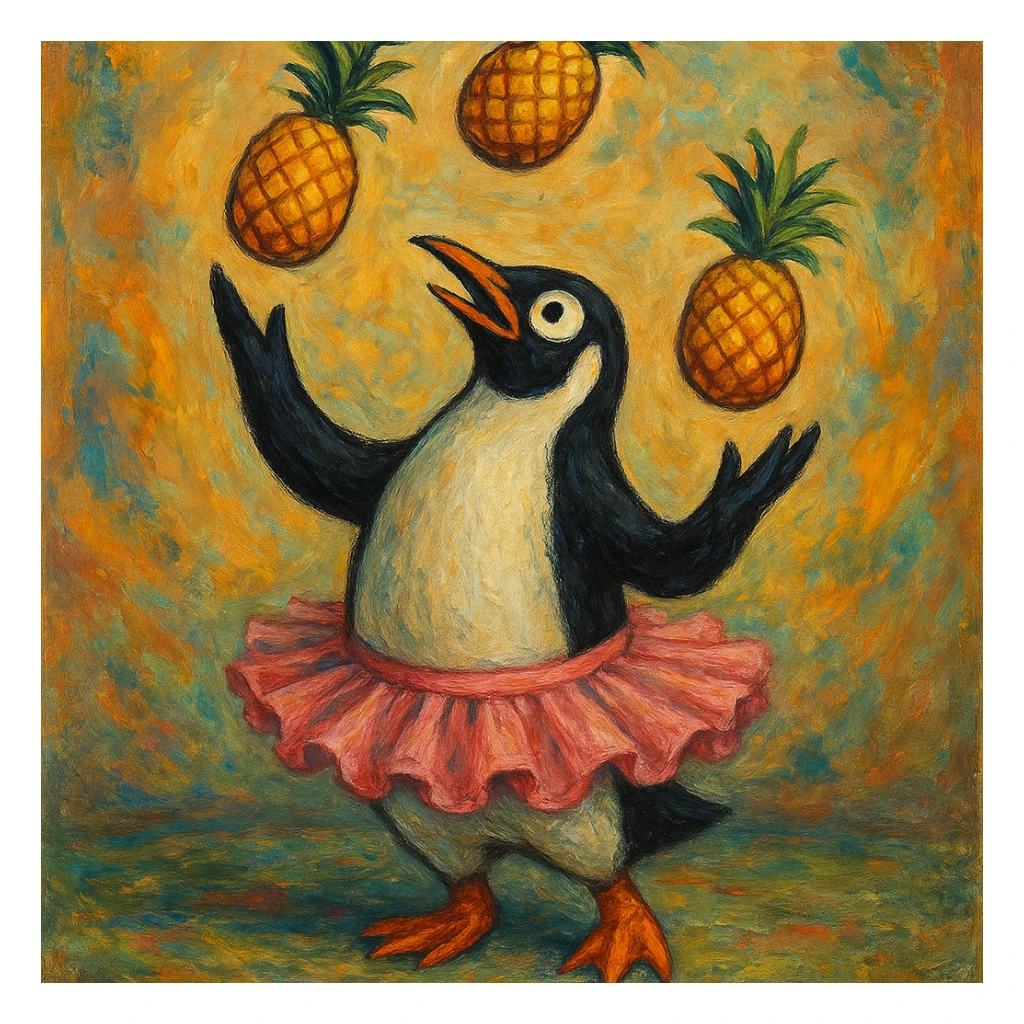 absurd surreal style penguin wearing a tutu juggling pineapples sticker